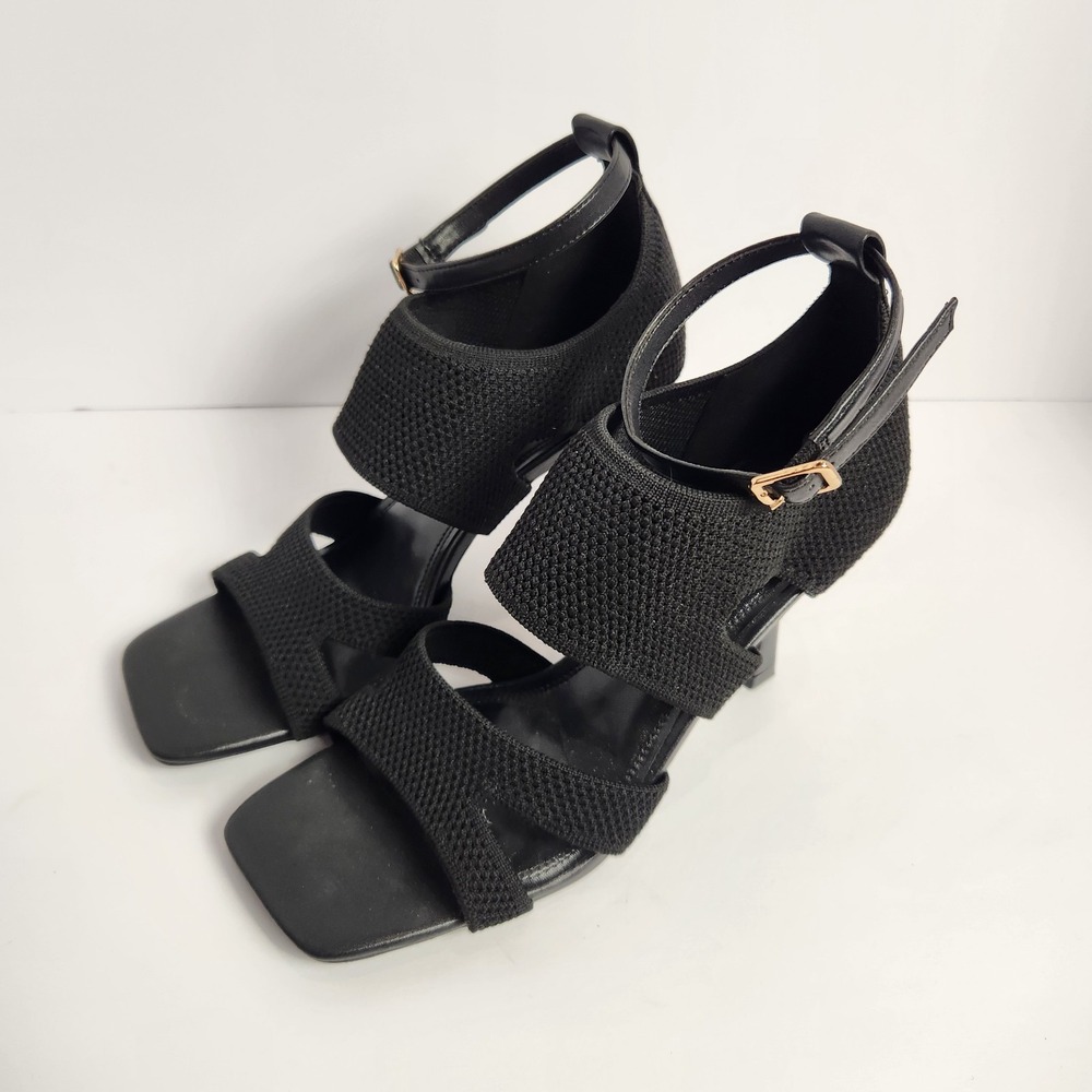 Black Women's Strappy Knit Block Heel Sandals